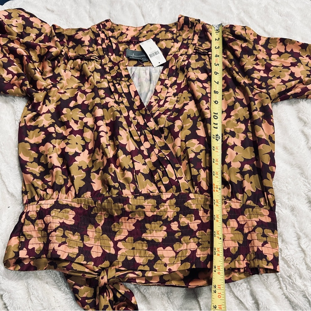 Anthropologie Floral Wrap Blouse NWT Large Brown Boho Romantic Top Silky - Picture 4 of 11